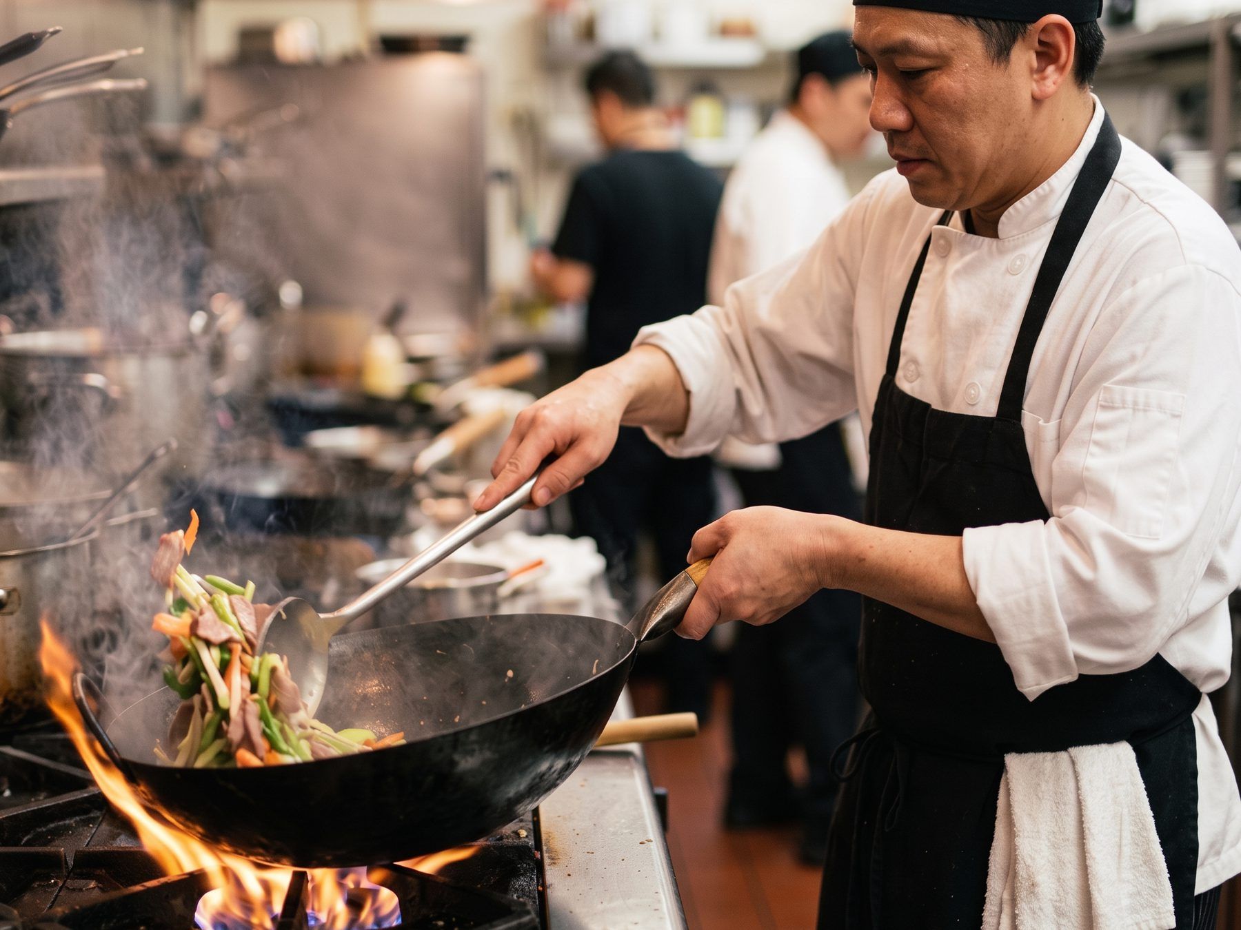 Chef in a white double-breasted jacket, black skull cap and bib apron cooking over a wok in a restaurant kitchen