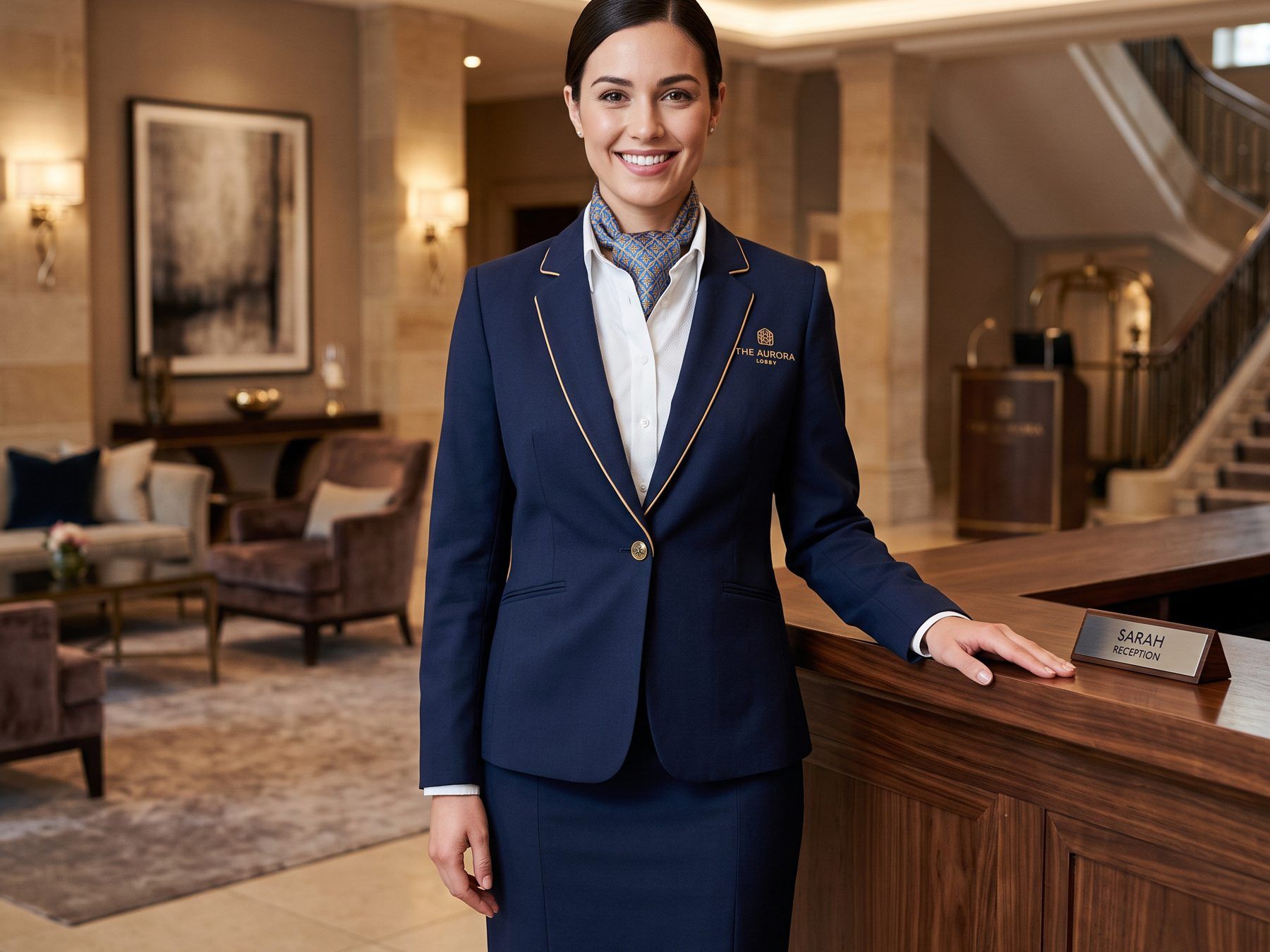 Hotel receptionist in a navy skirt suit with gold piping and a printed scarf standing at the front desk