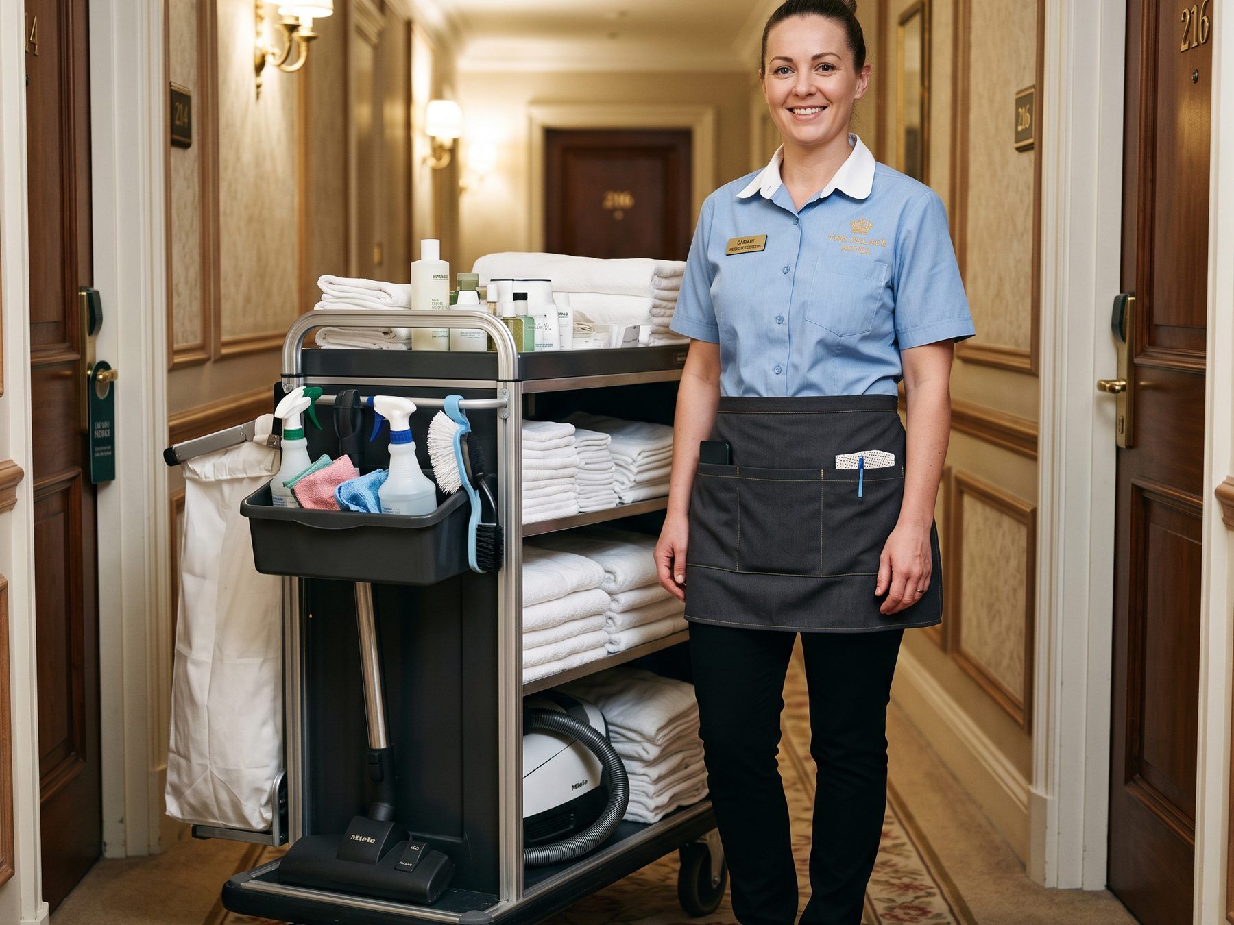 Hotel housekeeper in a light-blue tunic, grey apron and name badge beside a linen trolley in a corridor