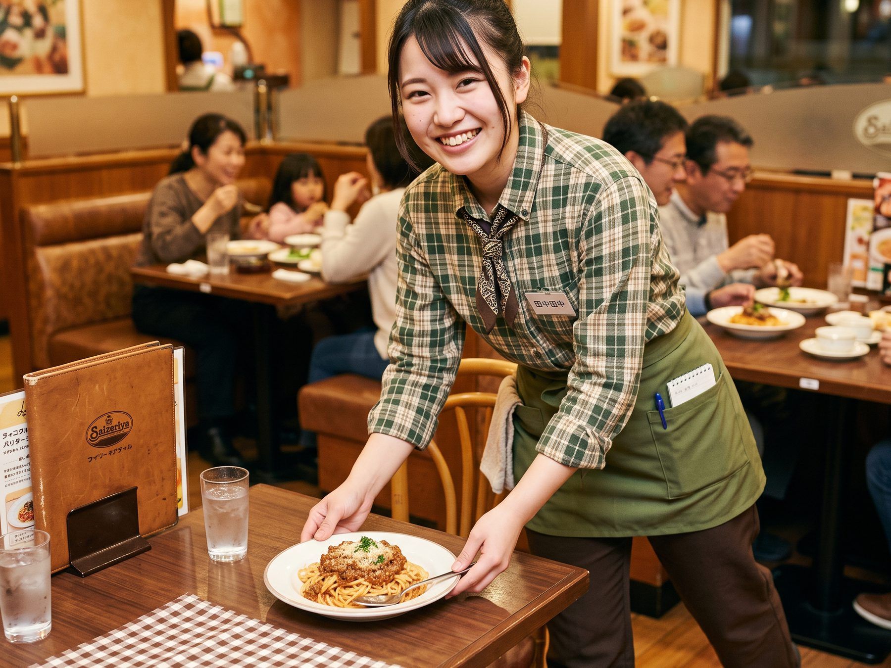 Restaurant server in a green checked shirt and olive waist apron serving a plate to diners