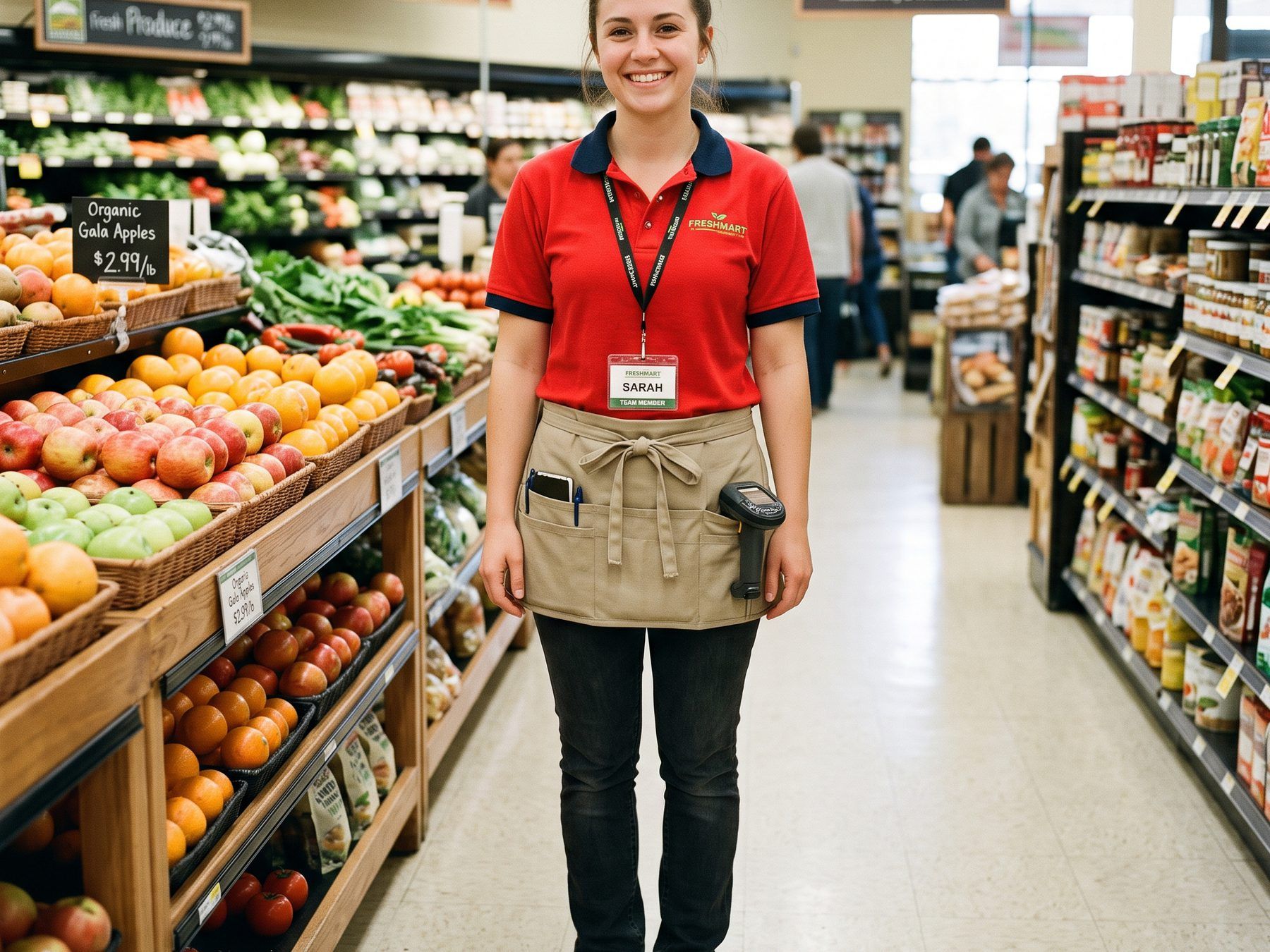 Supermarket staff member in a red polo shirt, beige apron and name badge standing in the produce aisle