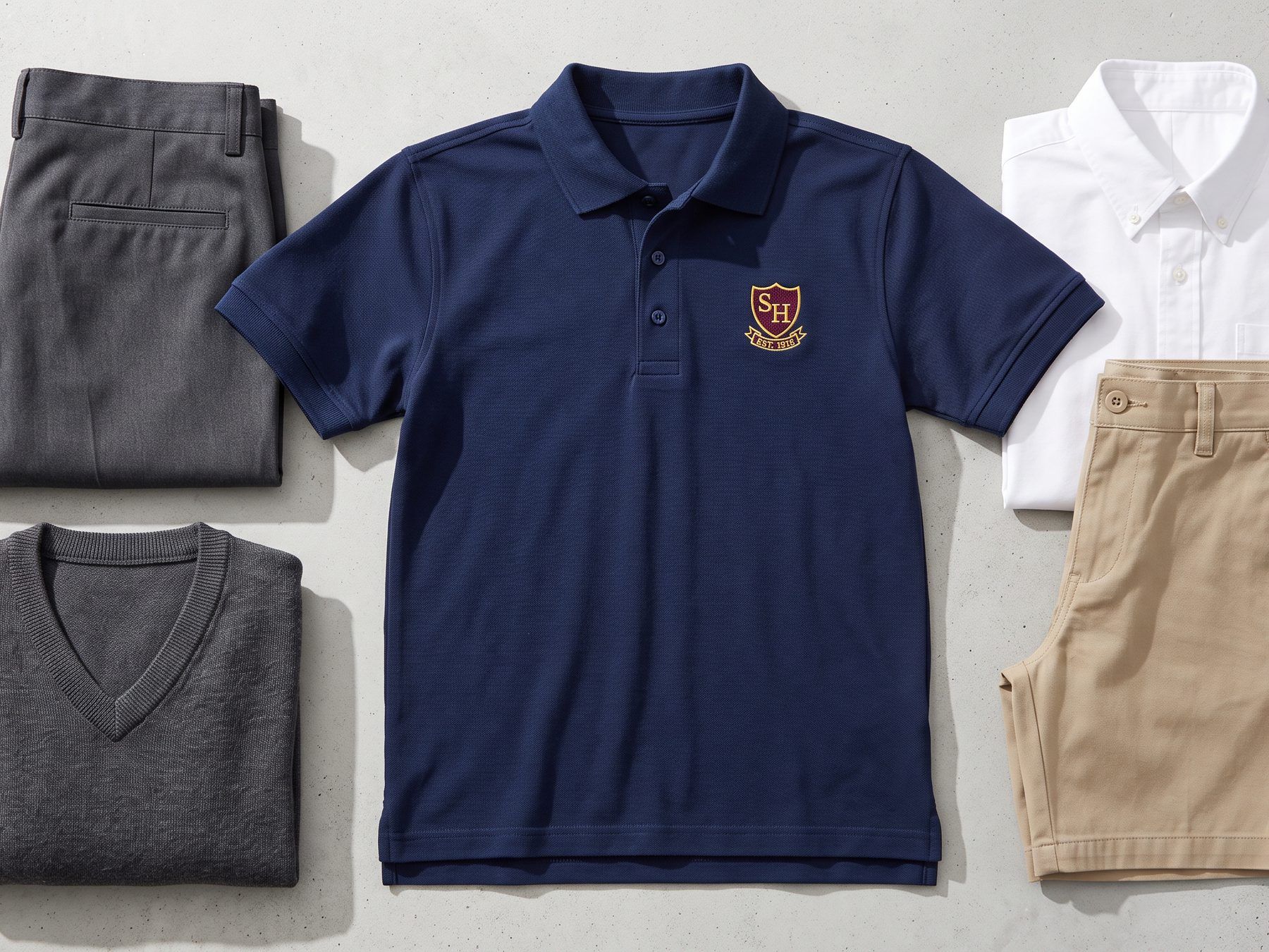 Flat lay of a crested navy school polo shirt with a white shirt, grey V-neck jumper, grey trousers and khaki shorts