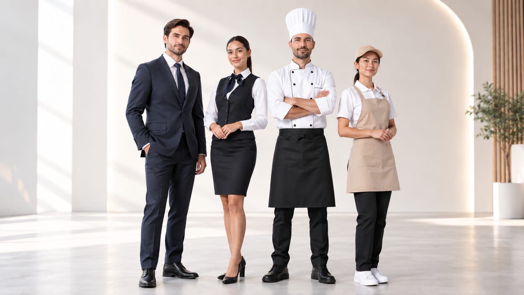 Four staff members in matching uniforms: a corporate suit, a hotel front-desk vest and skirt, a chef jacket and hat, and a café polo and cap